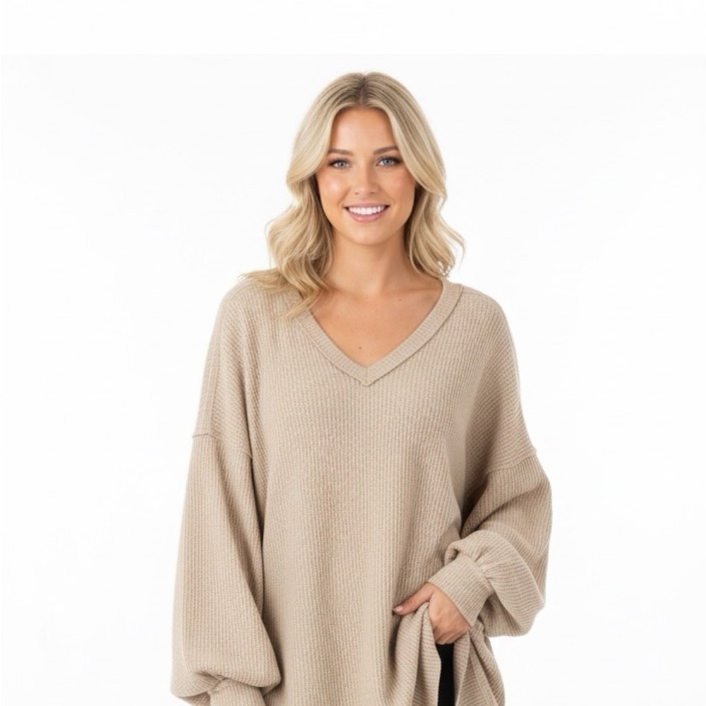 New In tan waffle knit long sleeve top size large